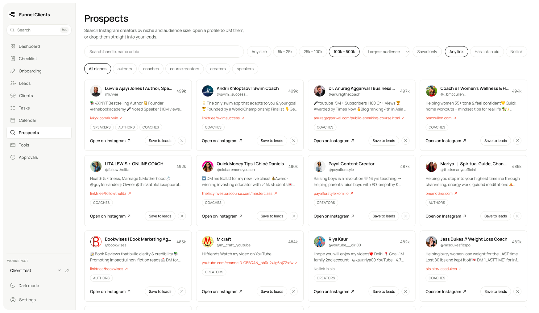 Prospects search in Funnel Clients