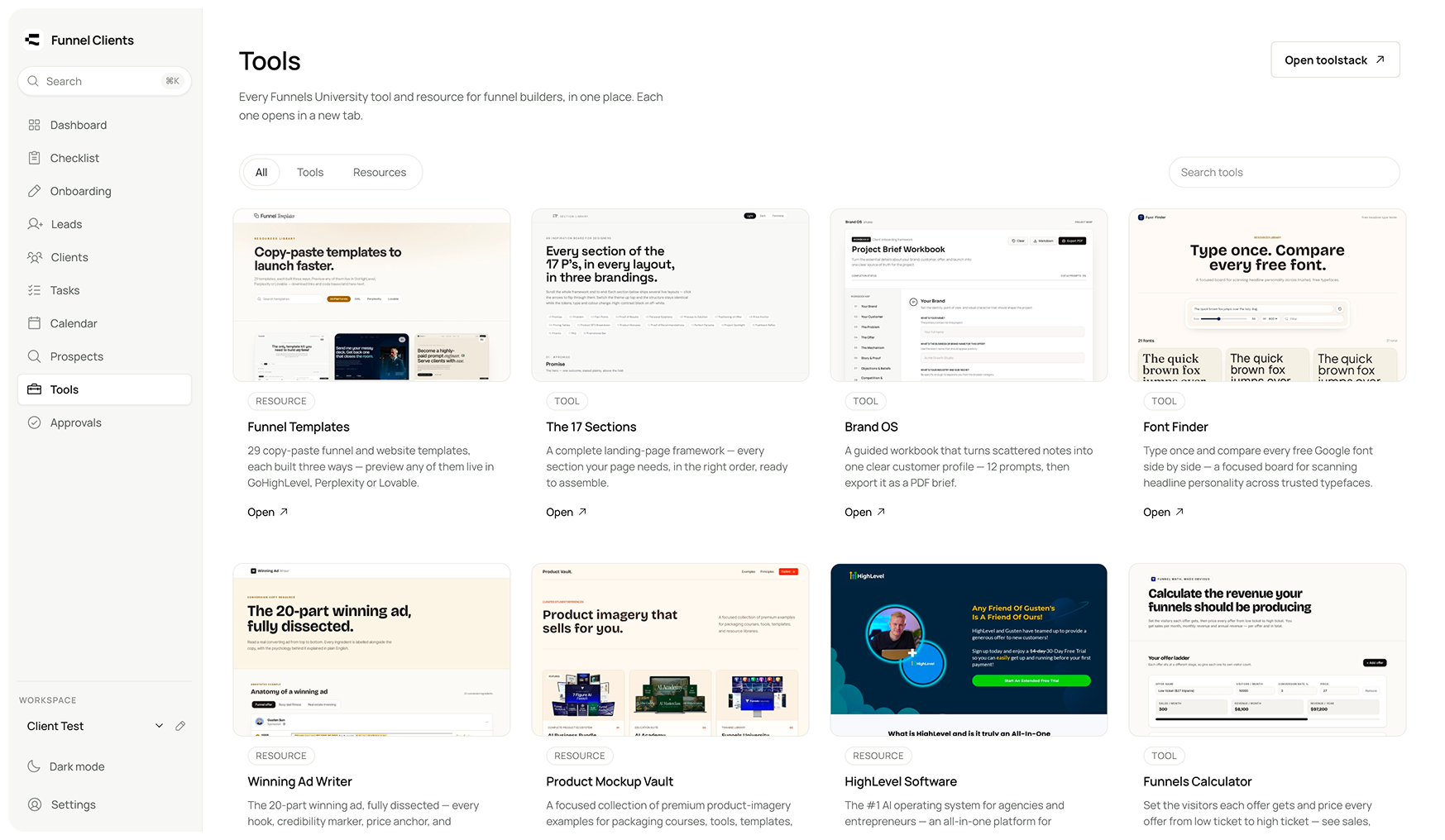 Tools library in Funnel Clients