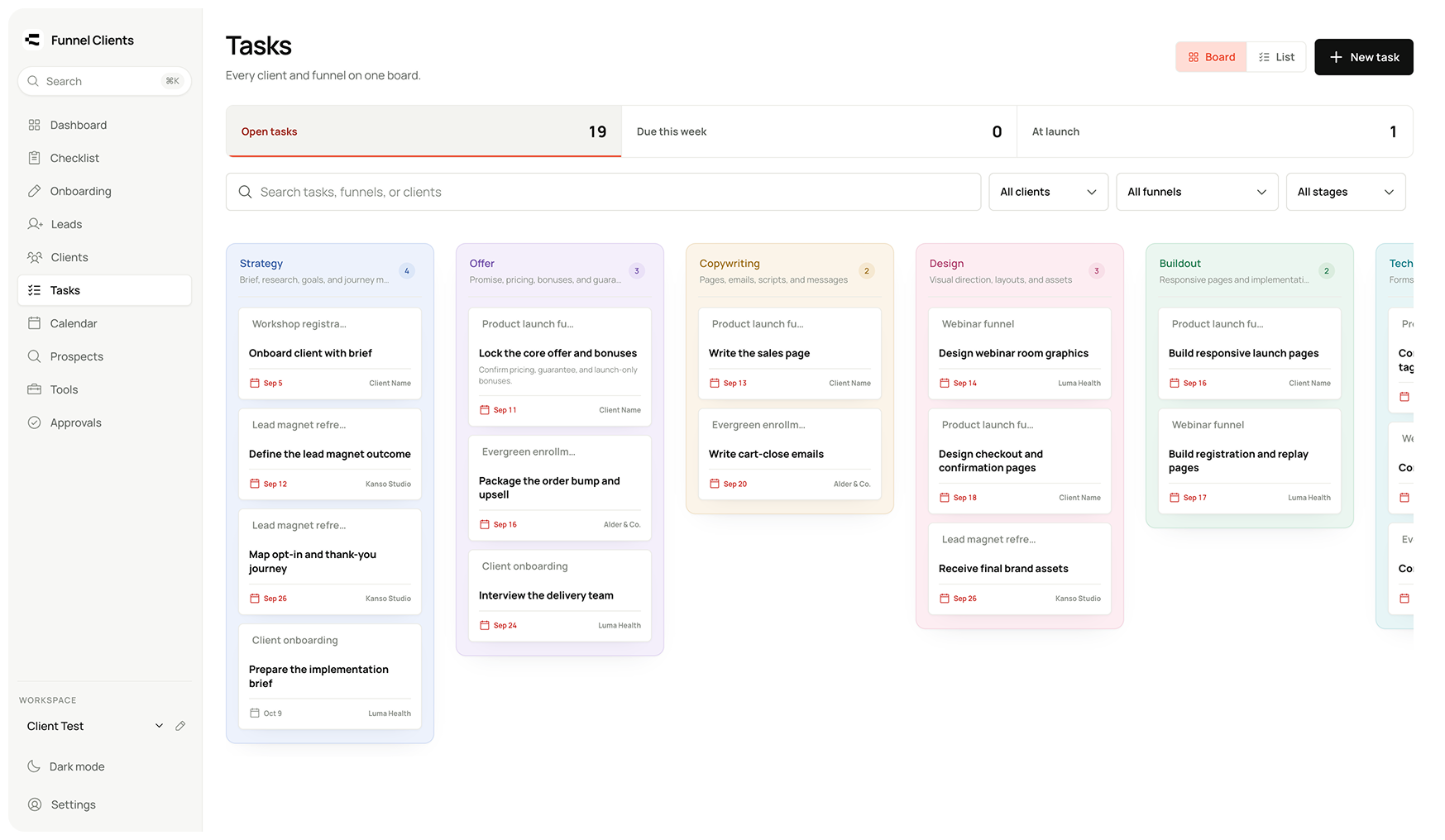 Tasks board in Funnel Clients: build tasks grouped by stage